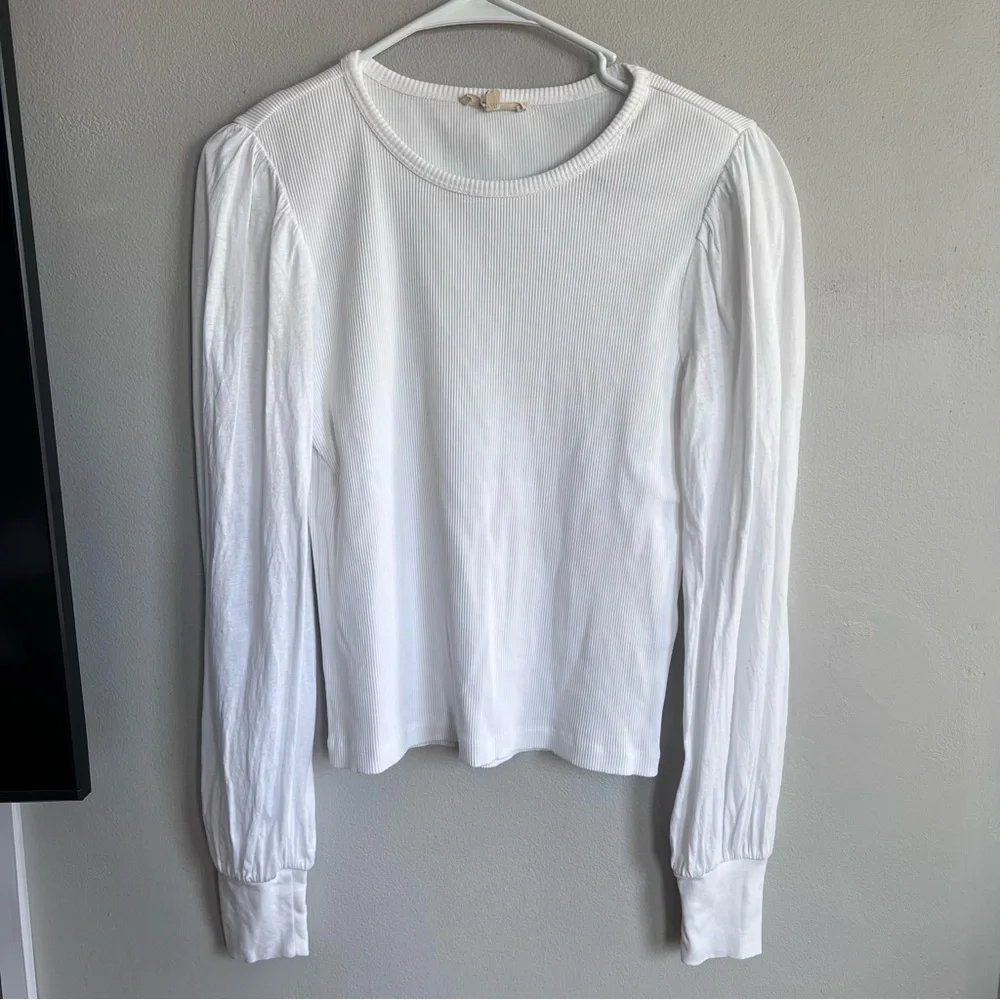 Madewell Ribbed Puff‎ Sleeve Top White Long Sleeve S Cotton